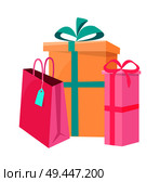 Set of paper packages for shopping, packet for parcels with tag, wrapped paper boxes decorated by bows vector illustration symbols of shopping isolated. Set of Paper Ppackages Shopping Packet for Parcels. Стоковая иллюстрация, агентство Ingram Publishing / Фотобанк Лори