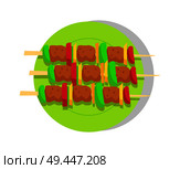 Kebabs set, roast meat, shashlik vector banner, illustration with meat pieces on wooden skewers, green plate, barbecue vegetables, grilled kebabs. Kebabs Set, Roast Meat, Shashlik Vector Banner. Стоковая иллюстрация, агентство Ingram Publishing / Фотобанк Лори