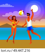 Man and woman play volleyball at tropical beach. Girl in bikini and guy in shorts throw inflatable ball. Man and woman on beach vector illustration.. Man and Woman Play Volleyball at Tropical Beach. Стоковая иллюстрация, агентство Ingram Publishing / Фотобанк Лори