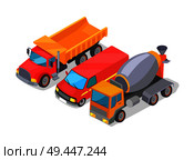 Cement-mixer and trucks set of machines, lorry and cement-mixer, equipments for construction and building, vector illustration, isolated on white. Cement-Mixer and Trucks Set Vector Illustration. Стоковая иллюстрация, агентство Ingram Publishing / Фотобанк Лори