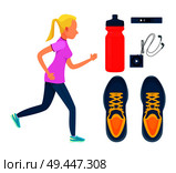 Sporty woman at training process colorful poster, running blonde, trainers pair, square music player with earphones, pulse sensor, vector illustration. Sporty Woman at Training Process, Colorful Poster. Стоковая иллюстрация, агентство Ingram Publishing / Фотобанк Лори
