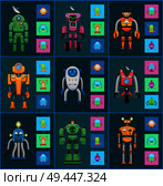 Robot models group isolated on dark backgrounds, smiling droids isolated on colorful squares, robot icons set, graphics and sonar, bulbs and antennas. Robot Models Group Isolated on Dark Backgrounds. Стоковая иллюстрация, агентство Ingram Publishing / Фотобанк Лори