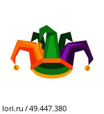 Colorful jester hat with bells flat vector icon isolated on white background. Medieval harlequin costume. Masquerade clothing attribute illustration for costumed party or festival invitation design. Colorful Jester Hat with Bells Flat Vector. Стоковая иллюстрация, агентство Ingram Publishing / Фотобанк Лори