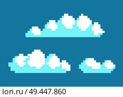 White clouds in blue sky vector illustration pixel art design clouds in sky isolated on blue background, 2D game interface sky and fluffy squared clouds. White Clouds in Blue Sky Vector Illustration Pixel. Стоковая иллюстрация, агентство Ingram Publishing / Фотобанк Лори