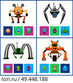 Droids four vector illustrations, colorful posters, white backdrops, squares with droids icons, futuristic machines set, curved legs, various displays. Droids Four Vector Illustrations, Colorful Posters. Стоковая иллюстрация, агентство Ingram Publishing / Фотобанк Лори