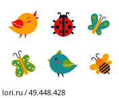 Creatures collection birds and ladybug, bee and butterflies, with colorful wings. creatures set, vector illustration isolated on white background. Creatures Collection Birds Vector Illustration. Стоковая иллюстрация, агентство Ingram Publishing / Фотобанк Лори