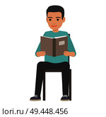 Young man reading textbook. Brunette male student seating on chair with book in hands flat vector isolated on white background. Enthusiastic reader illustration for educational and hobby concepts. Student Seating and Reading Textbook Flat Vector . Стоковая иллюстрация, агентство Ingram Publishing / Фотобанк Лори