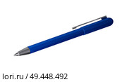 Blue pen isolated on white background. Vector illustration of writing tool with ballpoint ink stem and handle at end. School stationery object. Blue Pen Isolated on White Background. Vector. Стоковая иллюстрация, агентство Ingram Publishing / Фотобанк Лори