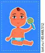 Boy with plastic rattle in hand, first toy poster with happy infant in diaper newborn vector illustration with little child isolated on blue background. Boy with Plastic Rattle in Hand, First Toy Poster. Стоковая иллюстрация, агентство Ingram Publishing / Фотобанк Лори