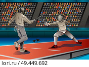 A vector illustration of two men fencing in the competition for sport competition series. Стоковая иллюстрация, агентство Ingram Publishing / Фотобанк Лори