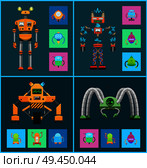 Robot collection icons robotic creatures with radar and electricity, types of robots set, mechanisms vector illustration isolated on blue background. Robot Collection with Icons Vector Illustration. Стоковая иллюстрация, агентство Ingram Publishing / Фотобанк Лори