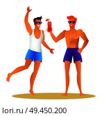 Two athletic sportsmen in summer cloth having fun. Sportive male in sunglasses with refreshing cocktail vector illustration sunburn sexy men isolated. Two Athletic Sportsmen in Summer Cloth Having Fun. Стоковая иллюстрация, агентство Ingram Publishing / Фотобанк Лори