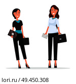 Women with suitcases on white. Ladies on high heels dressed in formal suits. Vector illustration of businesswomen with cards or invitations. Two Cheerful Women with Black Suitcases and Cards. Стоковая иллюстрация, агентство Ingram Publishing / Фотобанк Лори