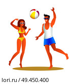 Man and woman in swimwear play volleyball on beach. Girl and guy throw inflatable ball. Young couple plays volleyball isolated vector illustration.. Man and Woman in Swimwear Play Volleyball on Beach. Стоковая иллюстрация, агентство Ingram Publishing / Фотобанк Лори