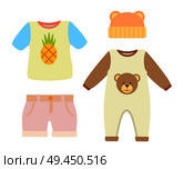 Baby clothes, set of t-shirt with pineapple print and hat with ears, romper with teddy bear and shorts, baby clothes, isolated on vector illustration. Baby Clothes T-shirt and Hat Vector Illustration. Стоковая иллюстрация, агентство Ingram Publishing / Фотобанк Лори