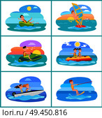 Donut ride collection activities, windsurfing and boating, banana boat summer sport, sports set vector illustration isolated on white background. Donut Ride Set of Activities Vector Illustration. Стоковая иллюстрация, агентство Ingram Publishing / Фотобанк Лори