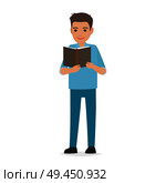 Boy stands and reads open book isolated on white. Male student works with book to get to know some information and enrich knowledge. Vector illustration of human learning process using paper edition.. Boy Stands and Reads Open Book Isolated on White. Стоковая иллюстрация, агентство Ingram Publishing / Фотобанк Лори