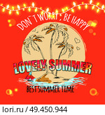 Don t worry be happy lovely summer best summertime christmas banner with garland and palm trees on beach island vector illustration of tropical background. Don t Worry be Happy Lovely Summer Best Summertime. Стоковая иллюстрация, агентство Ingram Publishing / Фотобанк Лори
