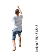 Rear view full length portrait of active young man pulling something imaginary or hanging hold with hand isolated over white background. Стоковое фото, агентство Ingram Publishing / Фотобанк Лори