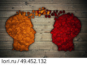 Red and yellow rose petals arranged in shape of human head generate thinking exchange and idea partnership business. Speaking together social media concept. Communication symbol as a base of a relationship. Стоковое фото, агентство Ingram Publishing / Фотобанк Лори