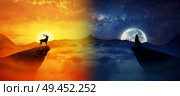 Silhouette of a lonely deer and a howling wolf standing on different cliffs against. Wild life landscape scene screen saver. Day vs Night, Moon vs Sun. Стоковое фото, агентство Ingram Publishing / Фотобанк Лори