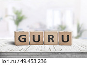 Guru sign on a wooden table in a bright room with green plants. Стоковое фото, агентство Ingram Publishing / Фотобанк Лори