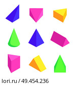 Geometric prisms set, colorful vector illustration with triangular pattern, cone and square pyramid, tetrahedron shape isometric view on color figures. Geometric Prisms Set, Colorful Vector Illustration. Стоковая иллюстрация, агентство Ingram Publishing / Фотобанк Лори