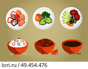 Porridge bowls collection, plates with tomato and olives, peppers and carrot, porridge set, vegetarian food vector illustration isolated on white. Porridge Bowls Collection Vector Illustration. Стоковая иллюстрация, агентство Ingram Publishing / Фотобанк Лори