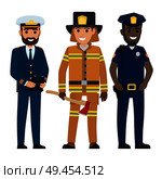 Concept of professions. Bearded captain with binoculars, firefighter with long ax and man in police suit vector illustration of smiling characters.. Concept of Captain, Firefighter and Police Officer. Стоковая иллюстрация, агентство Ingram Publishing / Фотобанк Лори