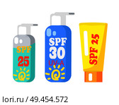 SPF cream collection isolated on white. Vector poster in flat design of cosmetic means for sun protection in containers of various shapes. SPF Creams Collection of Three Isolated on White. Стоковая иллюстрация, агентство Ingram Publishing / Фотобанк Лори