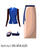 Denim jacket, long skirt with belt and flipflops on high platform. Stylish outfit for summer evening. Elegant female clothes vector illustrations set. Denim Jacket, Long Skirt with Belt and Flipflops. Стоковая иллюстрация, агентство Ingram Publishing / Фотобанк Лори