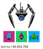 Cute droid with green start message on display, vector illustration isolated on white, colorful squares with robots, two antennas and lense on head. Cute Droid with Green Start Message on Display. Стоковая иллюстрация, агентство Ingram Publishing / Фотобанк Лори