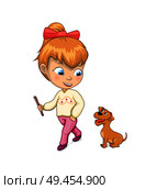 Girl walking dog and playing together, young woman with wooden stick in hand, doggy wagging its tail, passtime vector illustration isolated on white background. Girl Walking Dog and Playing Vector Illustration. Стоковая иллюстрация, агентство Ingram Publishing / Фотобанк Лори