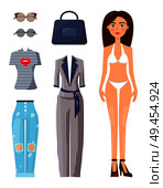 Woman clothes and accessories, poster with lady, sunglasses, handbag and jeans, summer mode set, vector illustration isolated on white. Woman Clothes and Accessories Vector Illustration. Стоковая иллюстрация, агентство Ingram Publishing / Фотобанк Лори