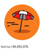 Circle icon depicting sandy beach. Vector illustration of red-and-white sun umbrella lying on scorching sand and casting small shadow. Circle Icon Depicting Sun Umrella Lying on Sand. Стоковая иллюстрация, агентство Ingram Publishing / Фотобанк Лори