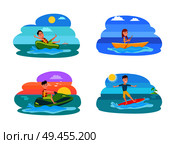 Sport summer activities collection with people, boating and surfing, set of jet-ski, vector illustration isolated on white background. Sport Summer Activities Set Vector Illustration. Стоковая иллюстрация, агентство Ingram Publishing / Фотобанк Лори