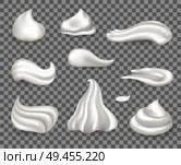 Soft sweet delicious whipped cream samples set. Light topping for desserts with tender consistency vector illustrations on transparent background.. Soft Sweet Delicious Whipped Cream Samples Set. Стоковая иллюстрация, агентство Ingram Publishing / Фотобанк Лори