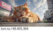 A giant orange cat is laying on the street in front of a large billboard for a m. Стоковое AI-изображение, AI-художник Ярославский Максим / Фотобанк Лори