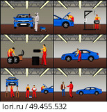 All services in one automobile workshop colorful card vector illustration of vehicle repair garage, engine and tire adjusting, car painting process. All Services in One Automobile Workshop Color Card. Стоковая иллюстрация, агентство Ingram Publishing / Фотобанк Лори