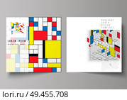 The minimal vector layout of two square format covers design templates for brochure, flyer, magazine. Abstract polygonal background, colorful mosaic pattern, retro bauhaus de stijl design. The minimal vector layout of two square format covers design templates for brochure, flyer, magazine. Abstract polygonal background, colorful mosaic pattern, retro bauhaus de stijl design. Стоковая иллюстрация, агентство Ingram Publishing / Фотобанк Лори