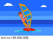 Summer sport activity, male on surfboard holding sail, excited man enjoys windsurfing, vector illustration in blue sea at summertime. Windsurfing Summer Sport Activity, Male Surfboard. Стоковая иллюстрация, агентство Ingram Publishing / Фотобанк Лори