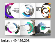 The minimal vector editable layout of square format covers design templates for trifold brochure, flyer, magazine. Futuristic design circular pattern, circle elements forming geometric frame for photo.. The minimal vector editable layout of square format covers design templates for trifold brochure, flyer, magazine. Futuristic design circular pattern, circle elements forming geometric frame for photo. Стоковая иллюстрация, агентство Ingram Publishing / Фотобанк Лори