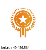 Gold certificate sign in form of star inside circle surrounded with laurel wreath. Approval logo for valuable documents isolated vector illustration.. Gold Certificate Sign with Star and Laurel Wreath. Стоковая иллюстрация, агентство Ingram Publishing / Фотобанк Лори
