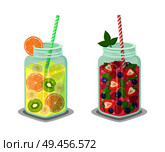 Liquid dieting drinks set, detox beverages made of raspberry, banana slices, fresh kiwi, blackcurrant and mint vector illustration isolated on white. Liquid Dieting Drinks Set Vector Illustration. Стоковая иллюстрация, агентство Ingram Publishing / Фотобанк Лори