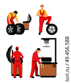 Wheel service colorful banner vector illustration, mechanics in red coverlasses working with special tools and machines for tyre wheeling or fitting. Wheel Service Colorful Banner Vector Illustration. Стоковая иллюстрация, агентство Ingram Publishing / Фотобанк Лори