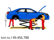 Auto mechanics lifted blue car without tyres people working on fixing vehicle surrounding transport man holding tool isolated on vector illustration. Auto Mechanics and Lifted Car Vector Illustration. Стоковая иллюстрация, агентство Ingram Publishing / Фотобанк Лори
