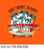 Lovely summer, dont worry be happy, best time signs on bright poster with tall palms on small sandy island and glossy surfboard vector illustration.. Lovely Summer Bright Poster with Palms on Island. Стоковая иллюстрация, агентство Ingram Publishing / Фотобанк Лори