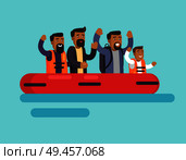 Human on boat for people safety, men happy to escape from danger sitting in rubber item saving lives, refugees with belongings leave native country, vector. Human on Boat for Safety, Vector Illustration. Стоковая иллюстрация, агентство Ingram Publishing / Фотобанк Лори