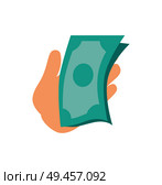 Hand holding money banknotes dollars, person having currency and ready to use in personal purposes, vector illustration isolated on white background. Hand Holding Money Banknotes Vector Illustration. Стоковая иллюстрация, агентство Ingram Publishing / Фотобанк Лори