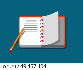 Orange notepad with round binds set and pencil vector illustration of isolated on blue background notebook, open workbook, paper with different notes. Orange Notepad with Round Binds Set and Pencil. Стоковая иллюстрация, агентство Ingram Publishing / Фотобанк Лори